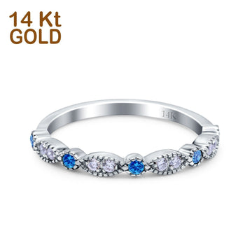 14K White Gold Half Eternity Wedding Band Art Deco Design Simulated Blue Topaz CZ Ring Size-7